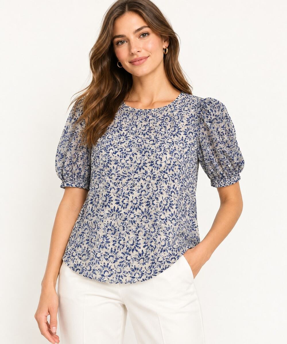 Ann Taylor Blue White Floral Puff Sleeve Blouse Womens L Tie Back Sheer Sleeve